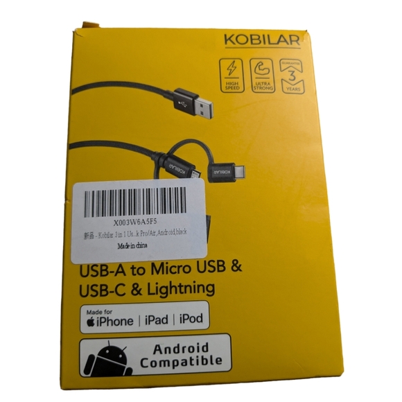 USB-A to Micro USB & USB-C & Lightning. Kobilar 3 in 1 Cable. NWOT. - Picture 4 of 7